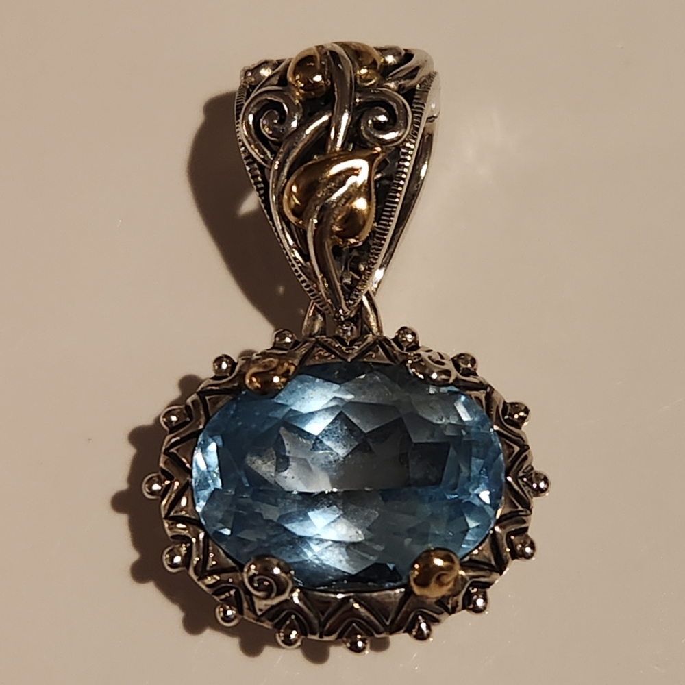 Barbara Bixby Blue Topaz Pendant Enhancer Vine Leaf Sterling Silver 18K Gold